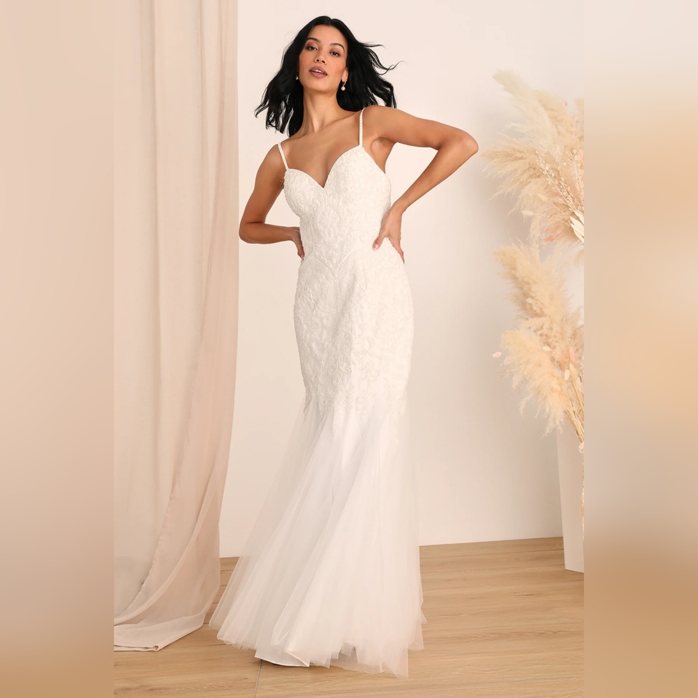 Dream Romance White Beaded Tulle Trumpet Maxi Dress